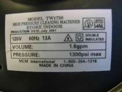 Closeup of Label on Pressure Washer