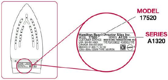 Picture of model number placement for Recalled Proctor-Silex Steam Iron